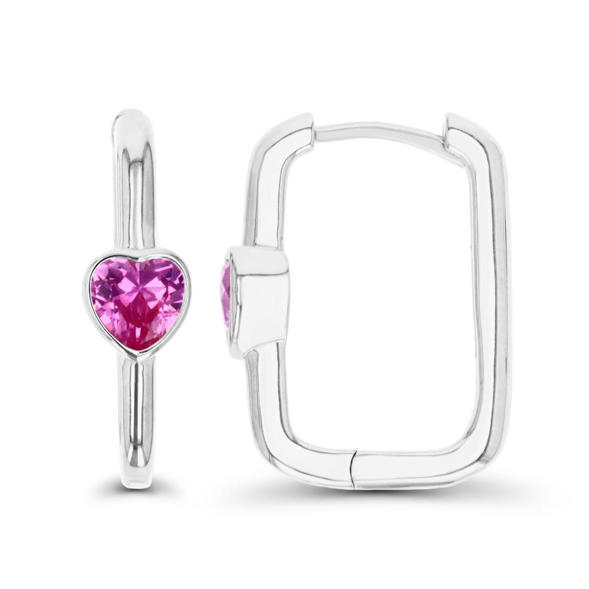 Sterling Silver Rhodium 20X6MM Polished Heart Created #3 Ruby Huggie Earring