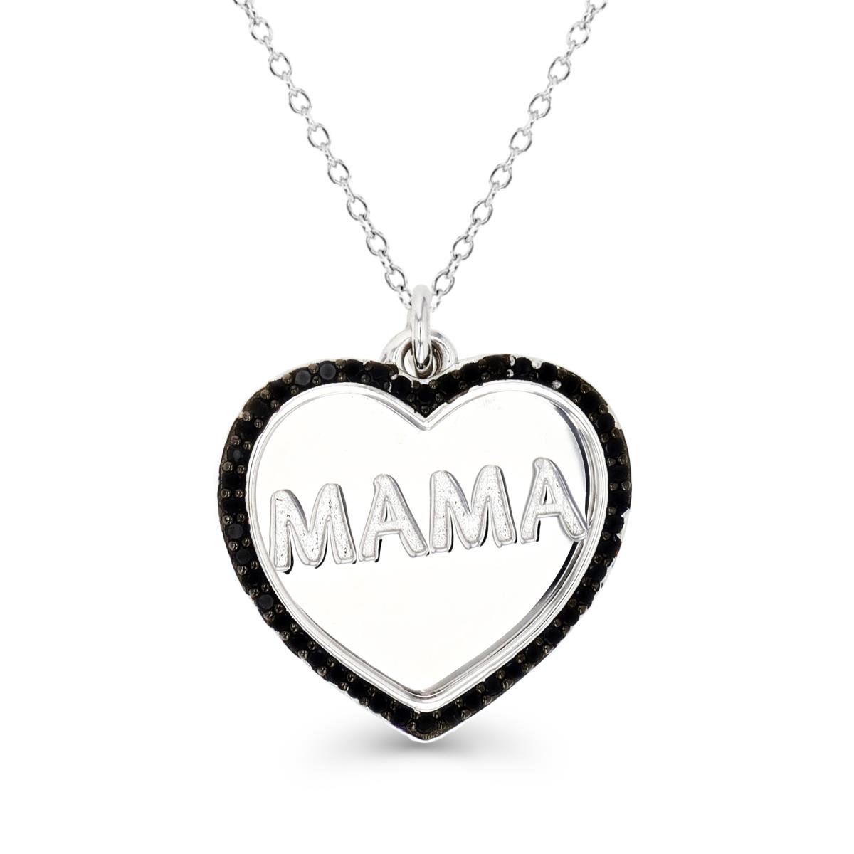 Sterling Silver Rhodium Polished Black Spinel Heart 'MAMA'  Dangling 18