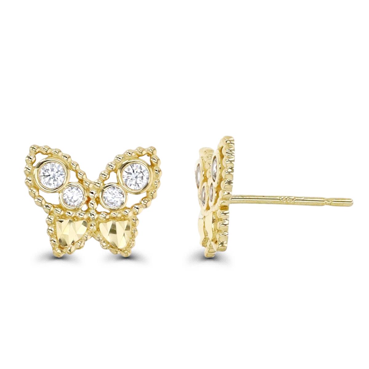 14K Gold Yellow & White CZ Milgraine and Diamond Cut Design Butterfly Stud Earring
