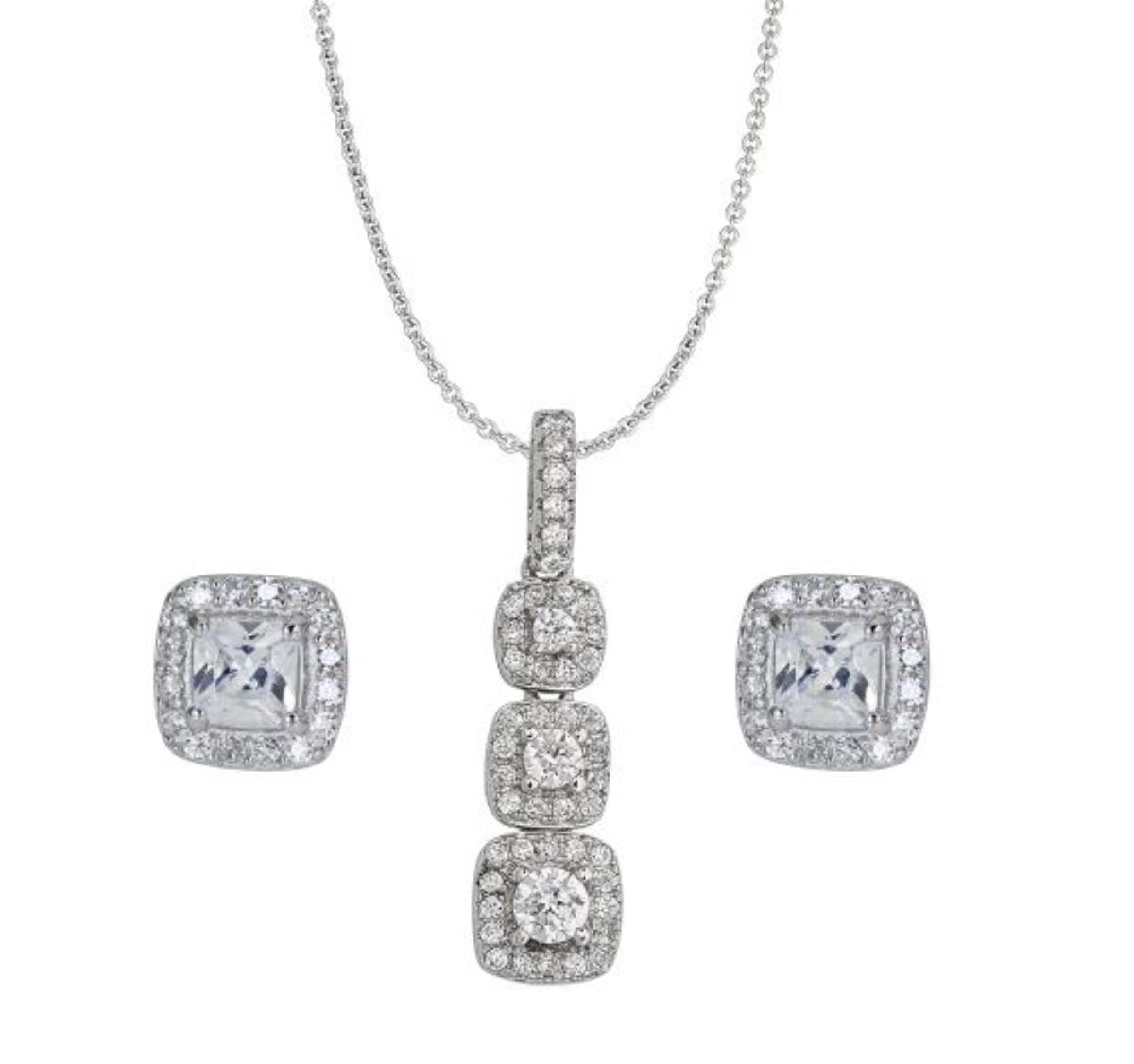 Sterling Silver Rhodium Sq Halo Petite Pave Stud & 3-Stone Pave Sq Halo 18" Necklace Set