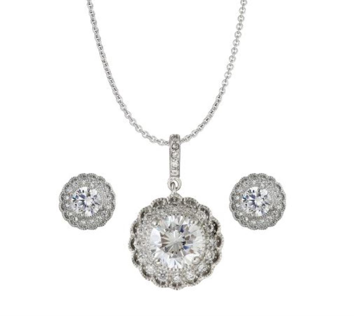 Sterling Silver Rhodium Rd Halo Milgrain Flower Stud and 18" Necklace Set