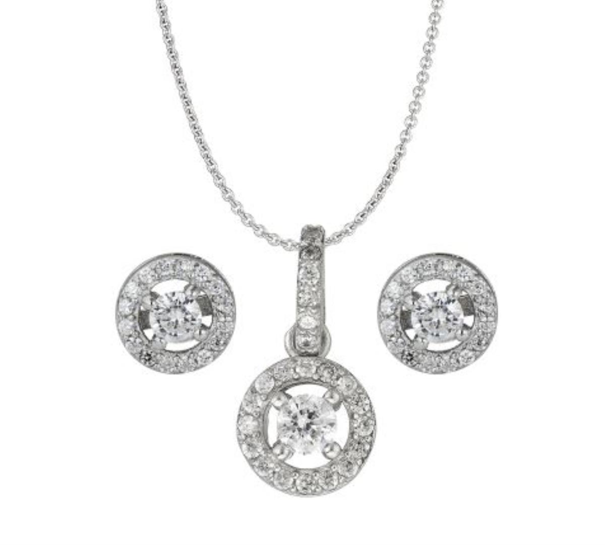 Sterling Silver Rhodium Rd Halo Stud and Rd Halo 18" Necklace Set