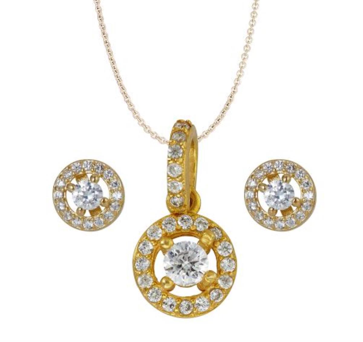 Sterling Silver Yellow Rd Halo Stud and Rd Halo 18" Necklace Set