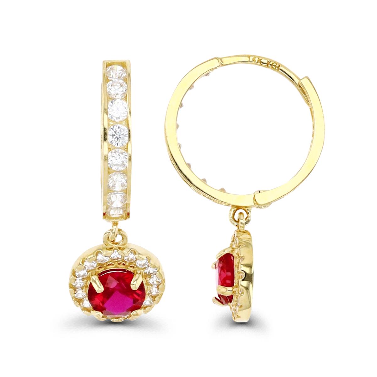14K Gold Yellow & Ruby And White CZ  Drop Huggie Earring