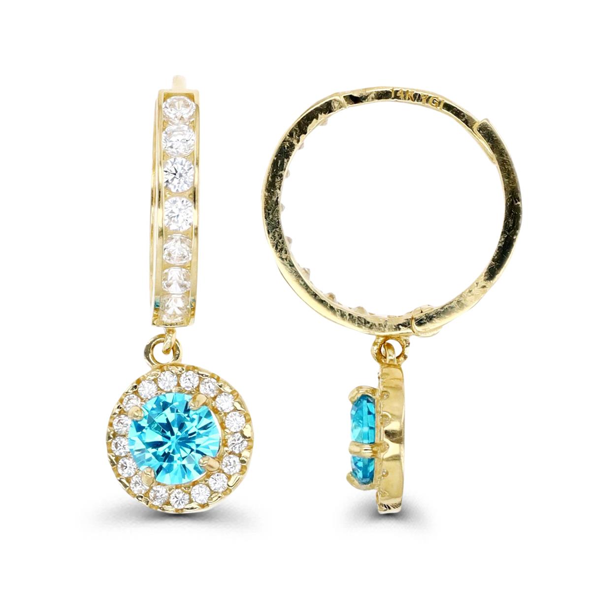 10K Gold Yellow & Blue Topaz And White CZ  Drop Huggie Earring