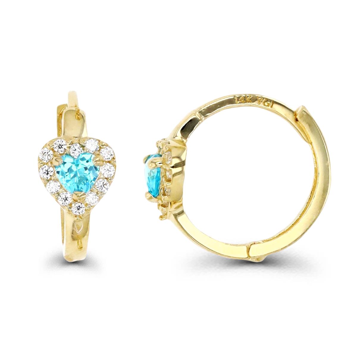 14K Gold Yellow Blue Topaz and White CZ Heart Huggie Earring