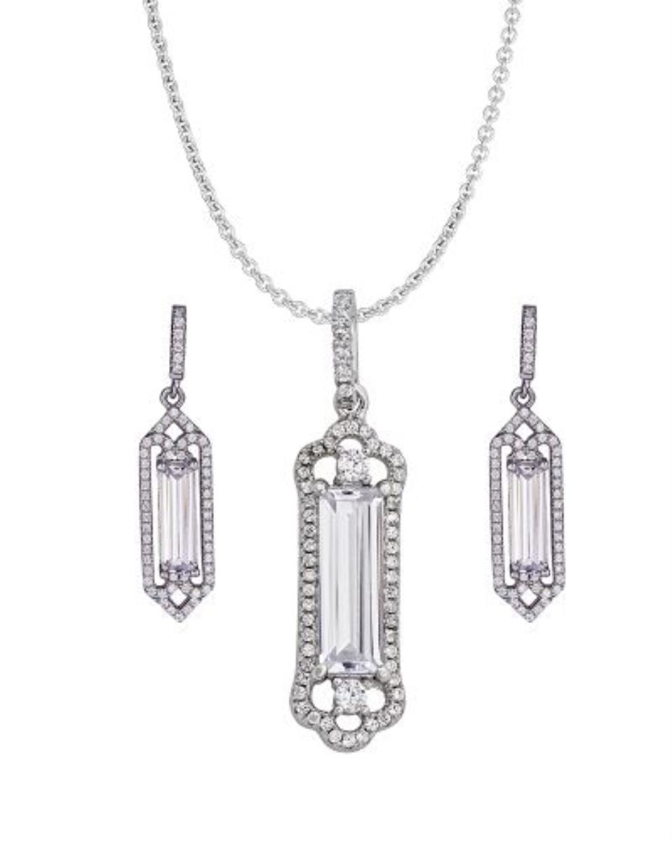 Sterling Silver Rhodium Pave Dangling Baguette Antique Earring and 18" Necklace Set