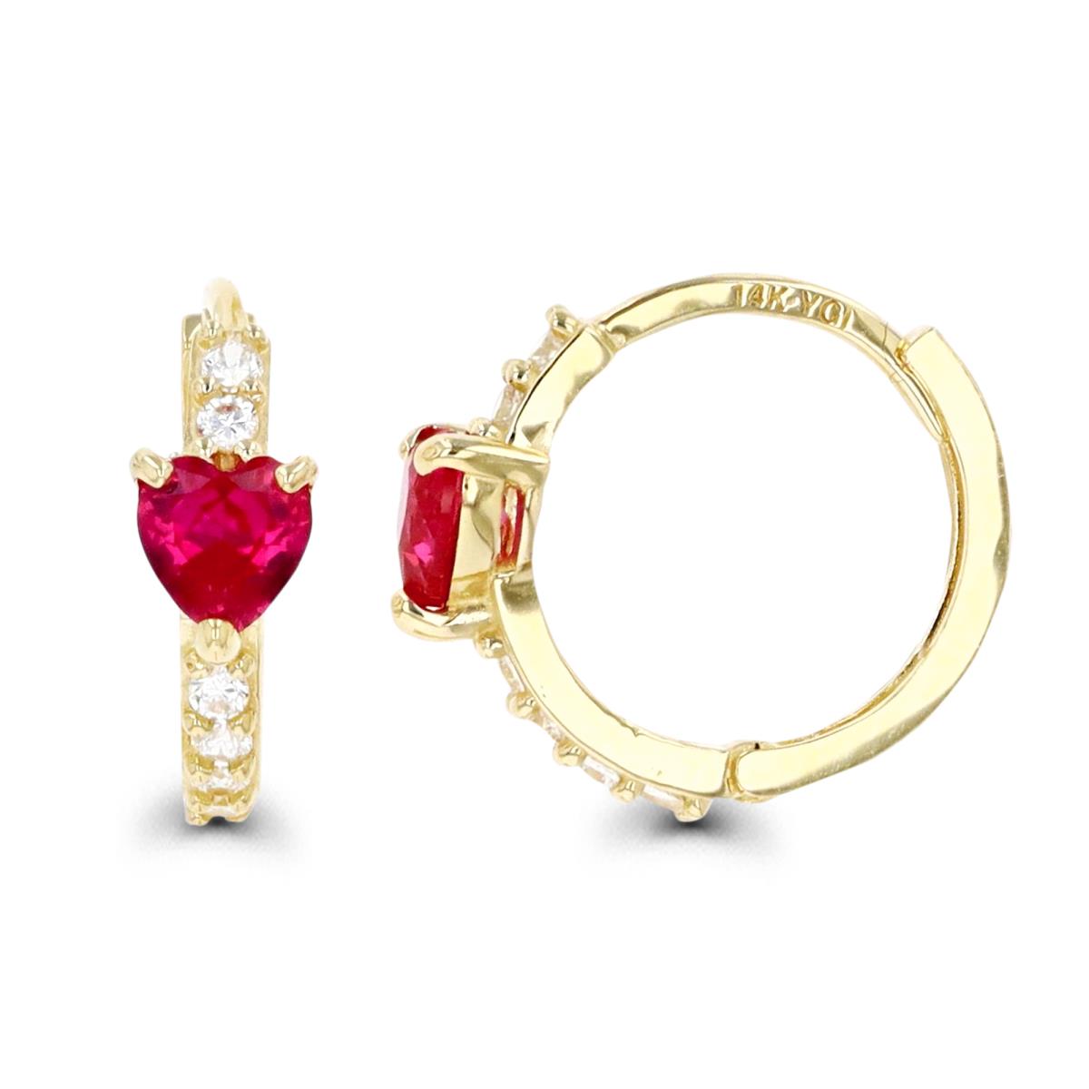 14K Gold Yellow & Ruby and White CZ Heart Huggie Earring
