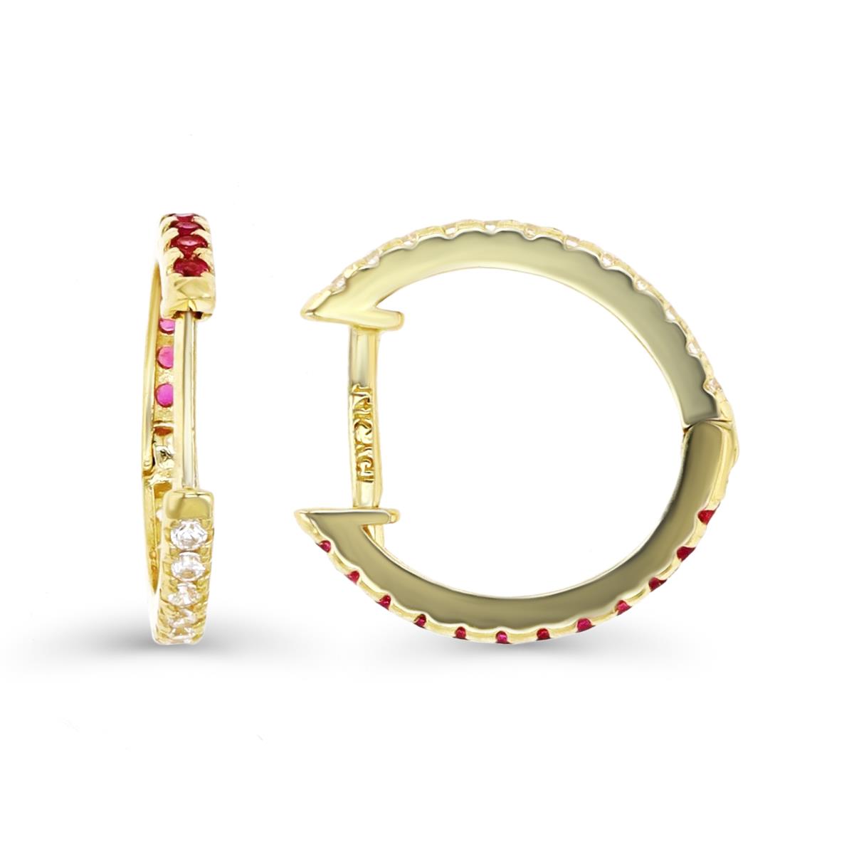 14K Gold Yellow & Ruby and White CZ Double Sided Huggie Earring