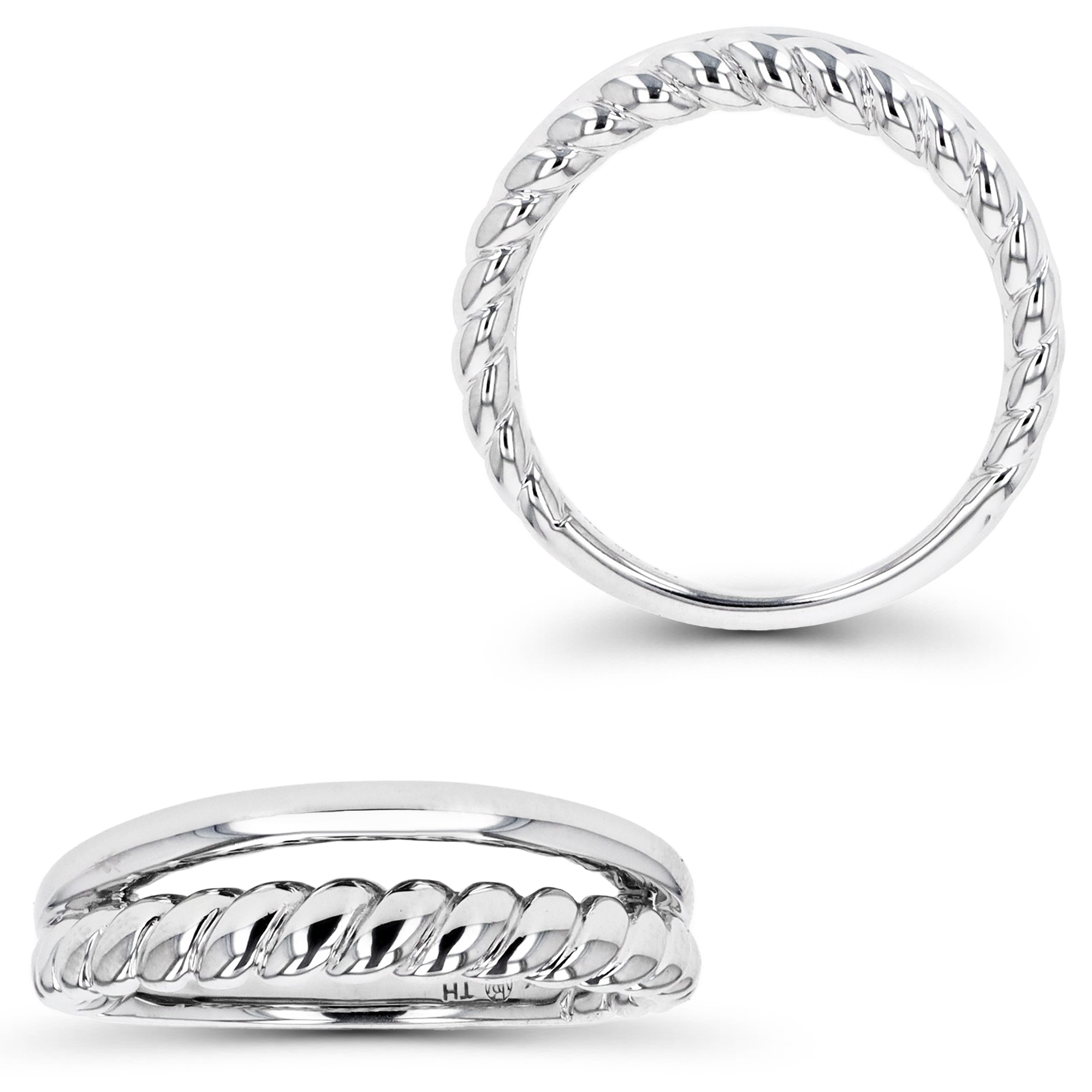18K White Gold Rope Textured & Polished Band Duo Ring