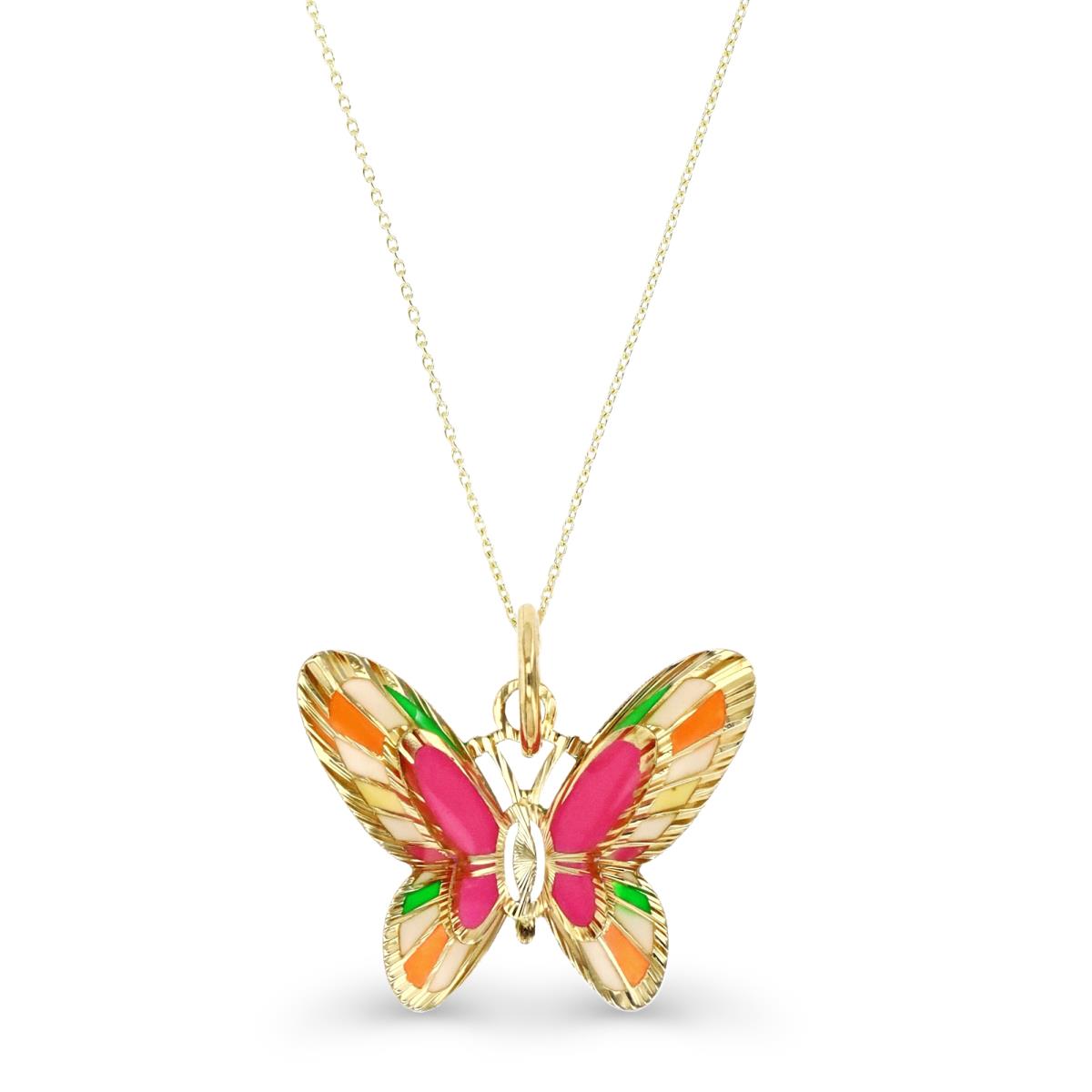 14K Yellow Gold Multi-Color  20X19MM Enamel 3D Butterfly 18"  Necklace