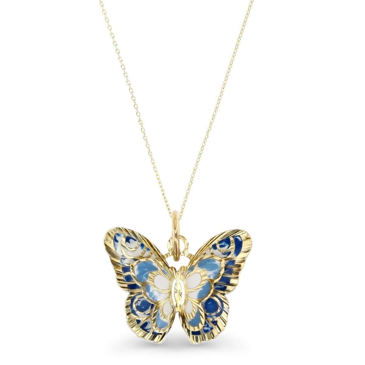 14K Yellow Gold White & Blue Enamel 19X18MM 3D Butterfly 18" Necklace