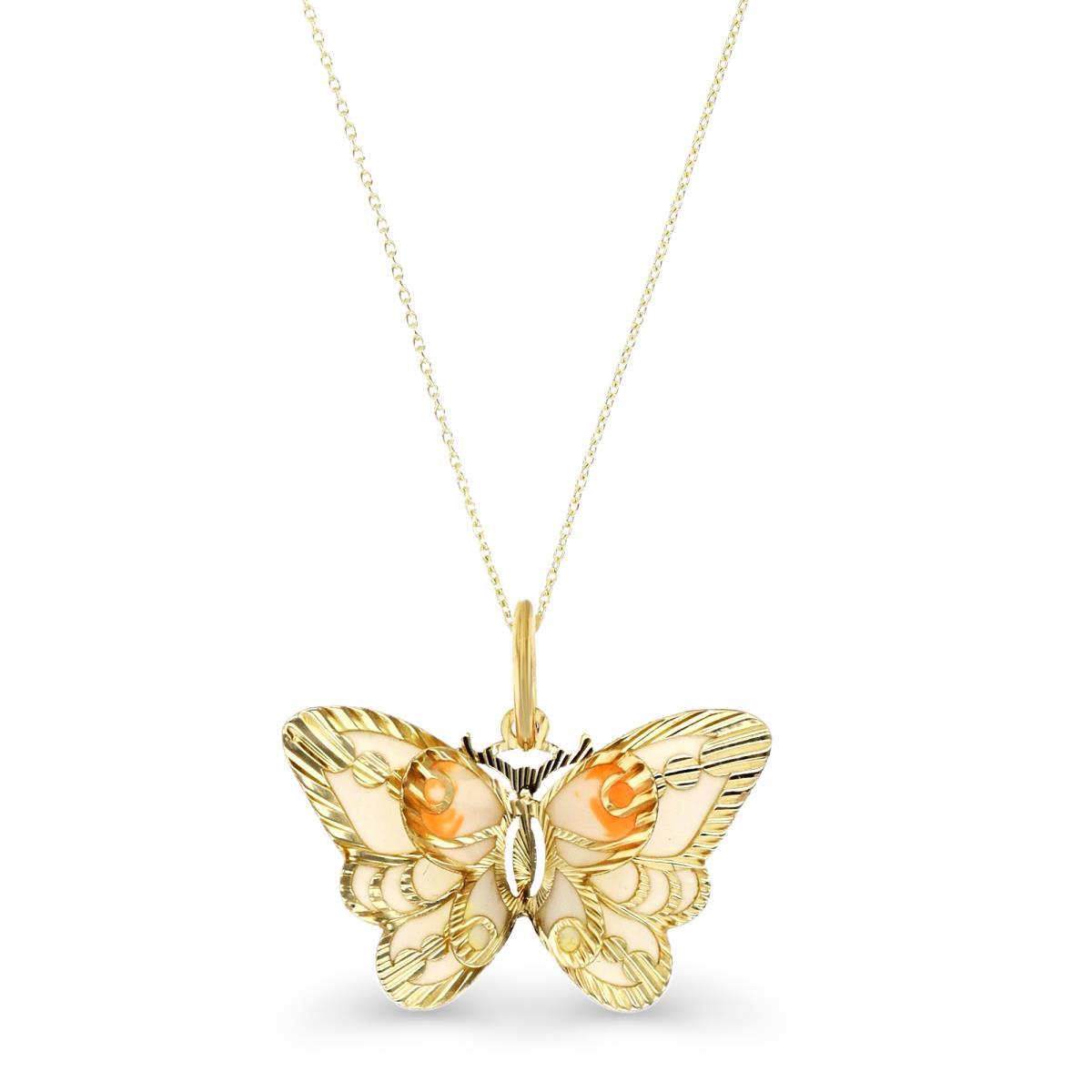 14K  Yellow Gold White & Orange Enamel  20X18MM 3D Butterfly 18" Necklace
