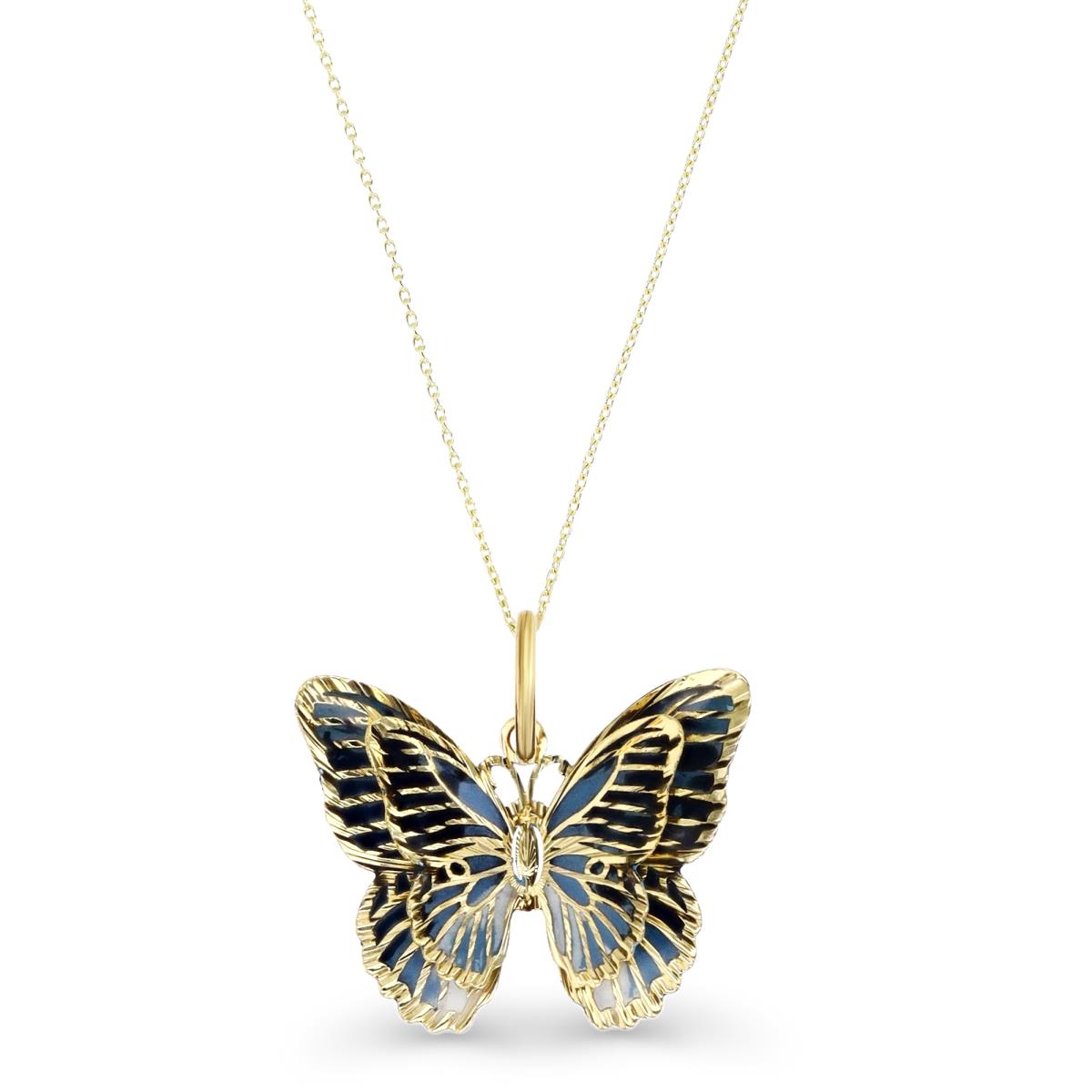 14K Yellow Gold Black & Blue Enamel 19X18 MM 3D Butterfly 18" Necklace