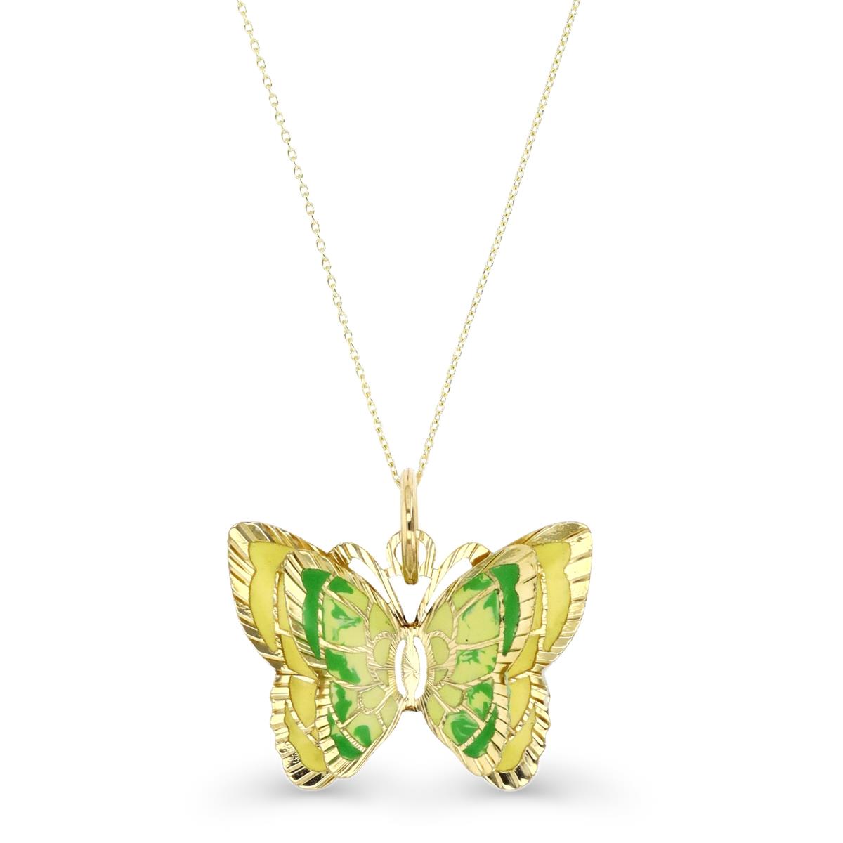 14K  Yellow Gold White & Green Enamel  20X19MM 3D Butterfly 18" Necklace