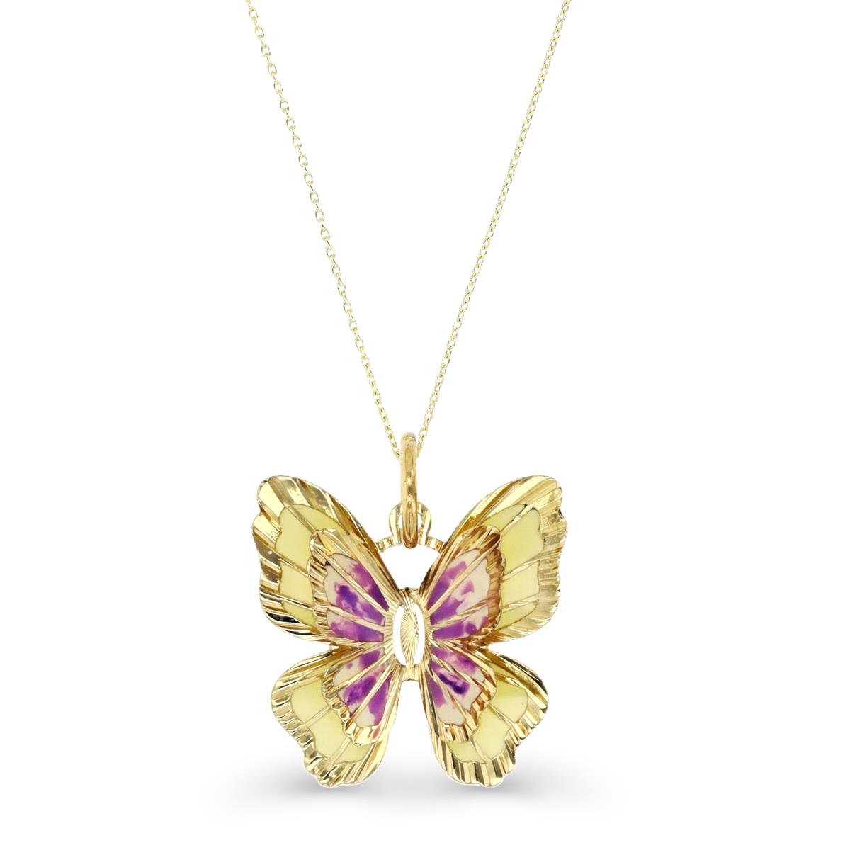 14K Yellow Gold Purple Ombre Enamel 20X17MM 3D Butterfly 18" Necklace