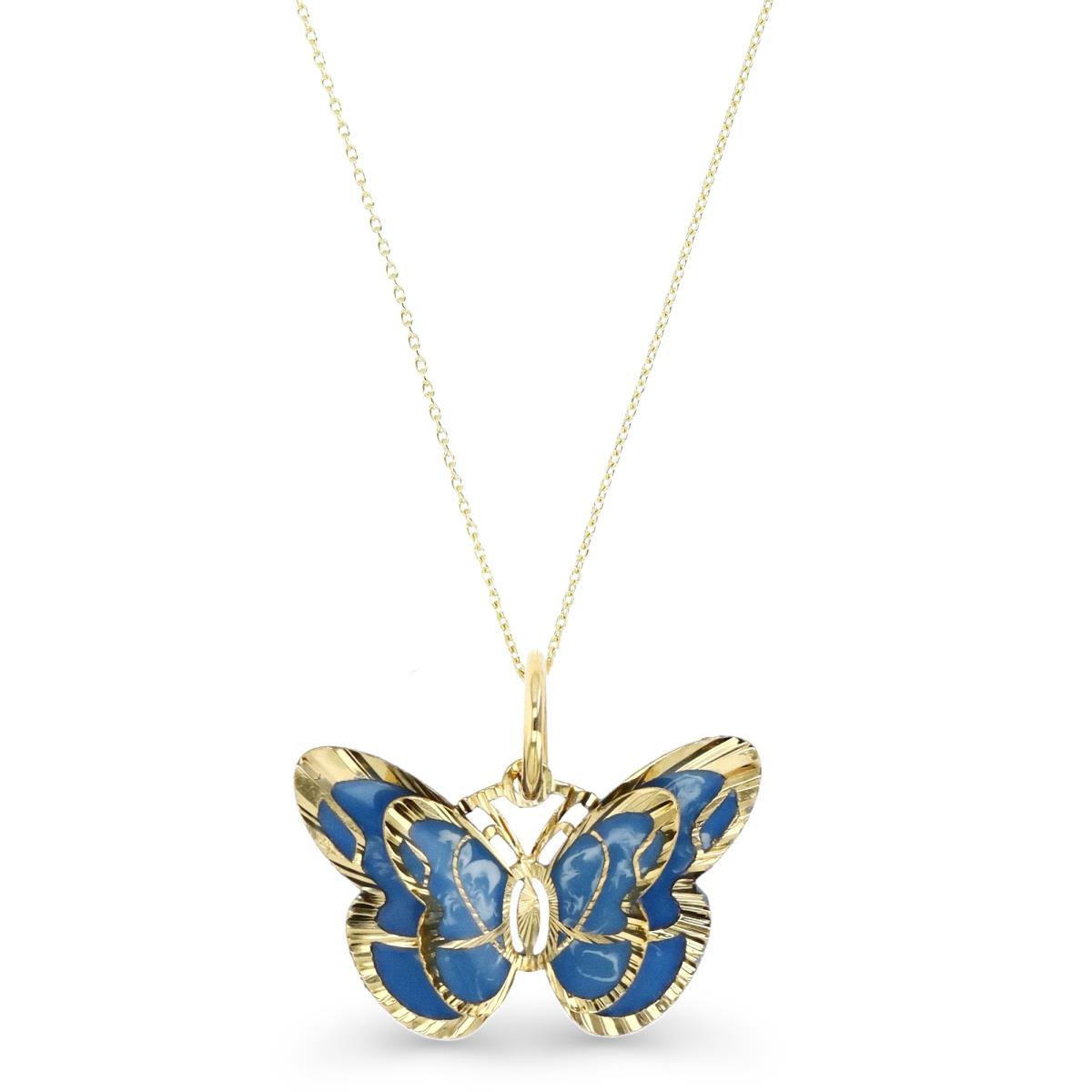 14K Yellow Gold Sky Blue Enamel 19X17MM 3D Butterfly 18" Necklace