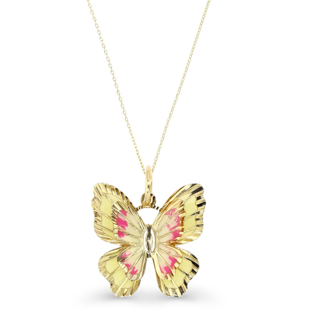 14K Yellow Gold Pink Ombre Enamel 20X16MM 3D Butterfly 18" Necklace