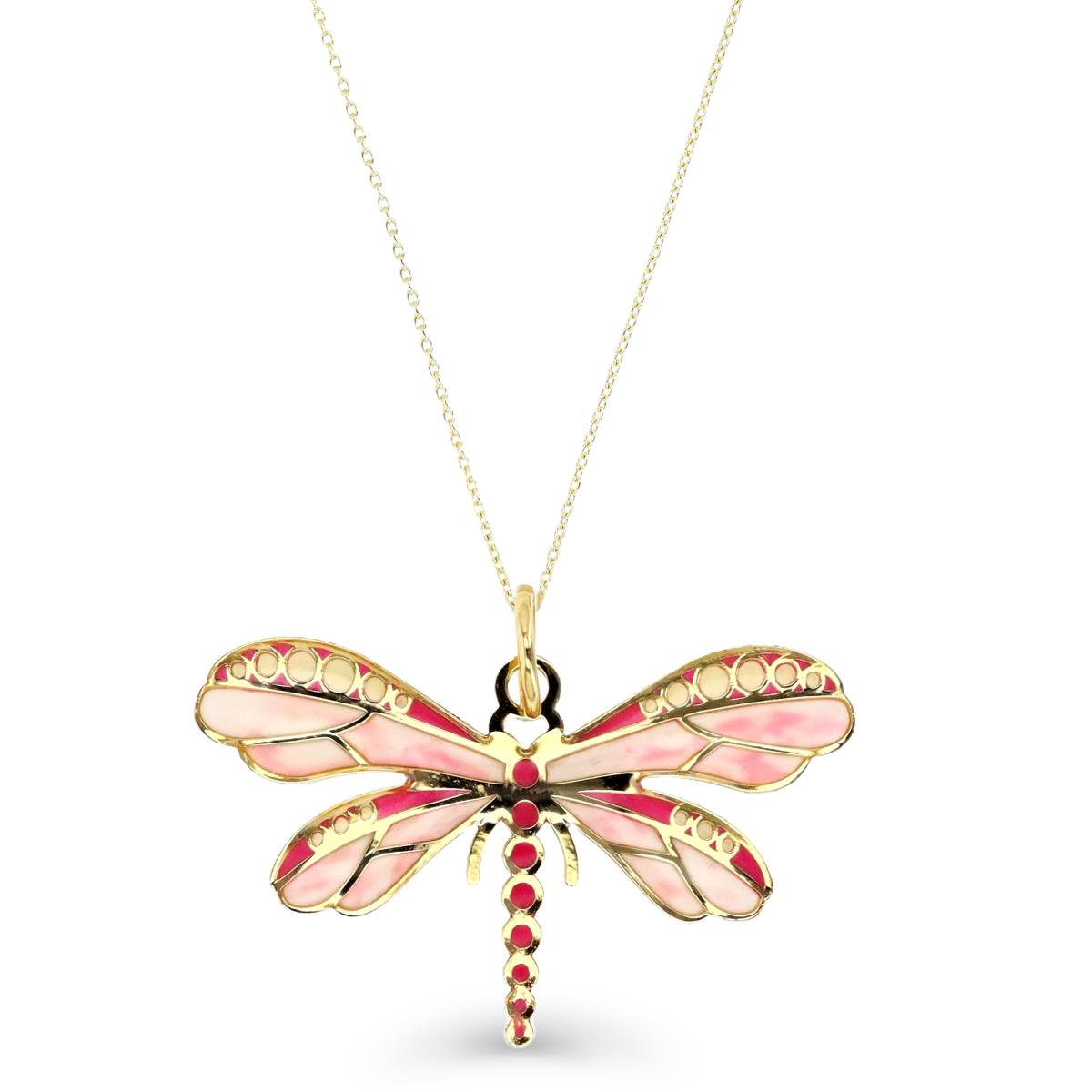 14K Yellow Gold  Pink Ombre Enamel 30X22MM Dragonfly 18" Necklace