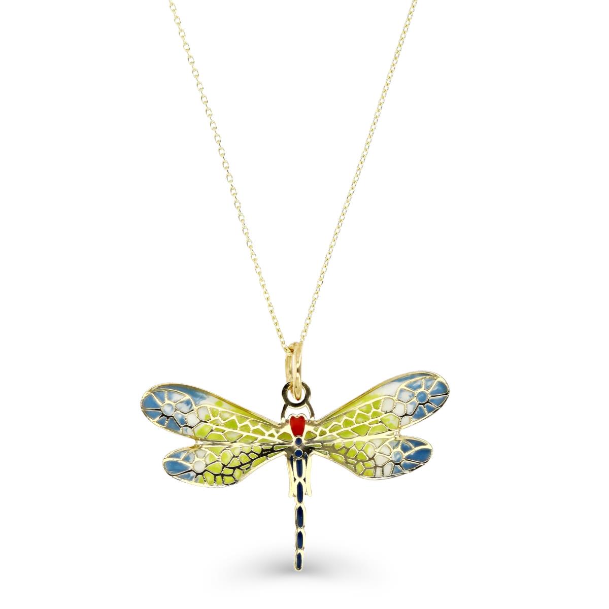 14K  Yellow Gold Multi-Color Enamel 31X25MM Dragonfly 18" Necklace