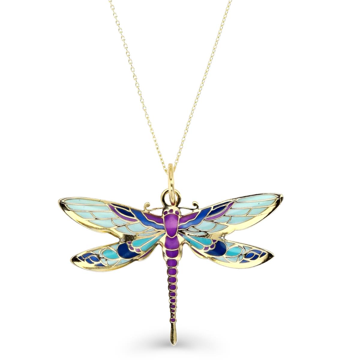 14K Yellow  Gold Purple & Turquoise Enamel 32X27MM Dragonfly 18" Necklace