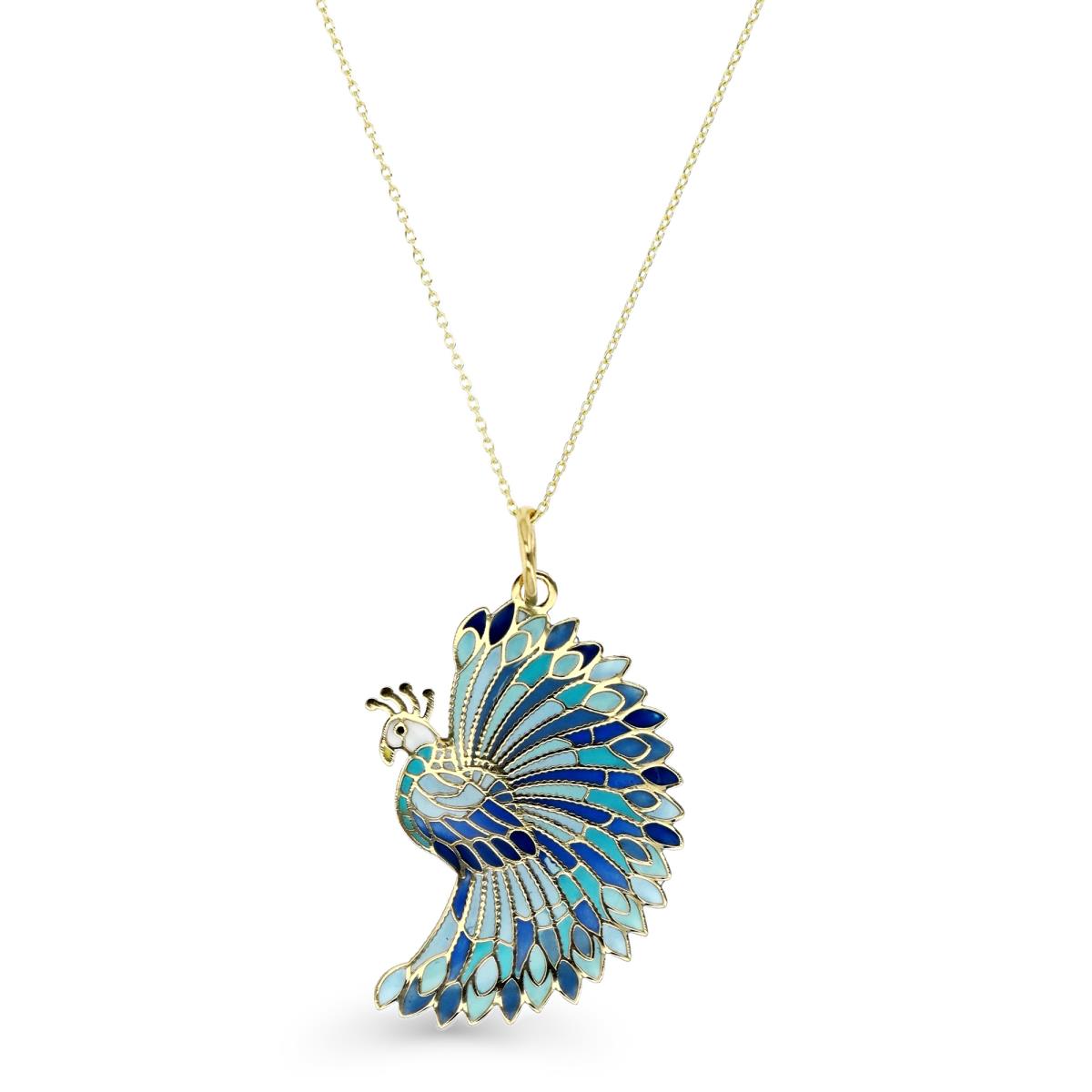 14K Yellow Gold Blue Ombre Enamel 34X20MM Peacock 18" Necklace