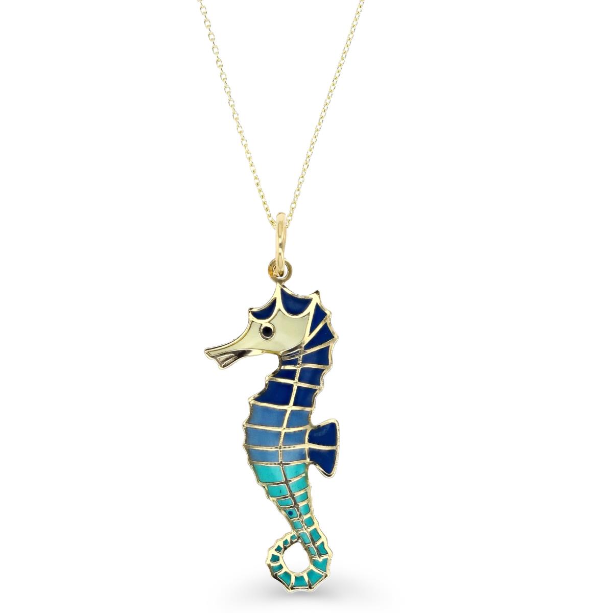 14K Yellow Gold Blue Ombre Enamel 37X13MM Seahorse 18" Necklace