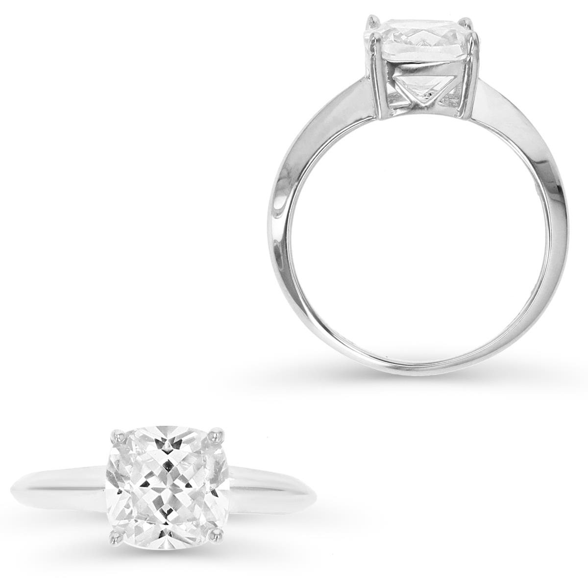Sterling Silver Rhodium 8MM Polished White CZ Cushion Cut Solitaire Ring