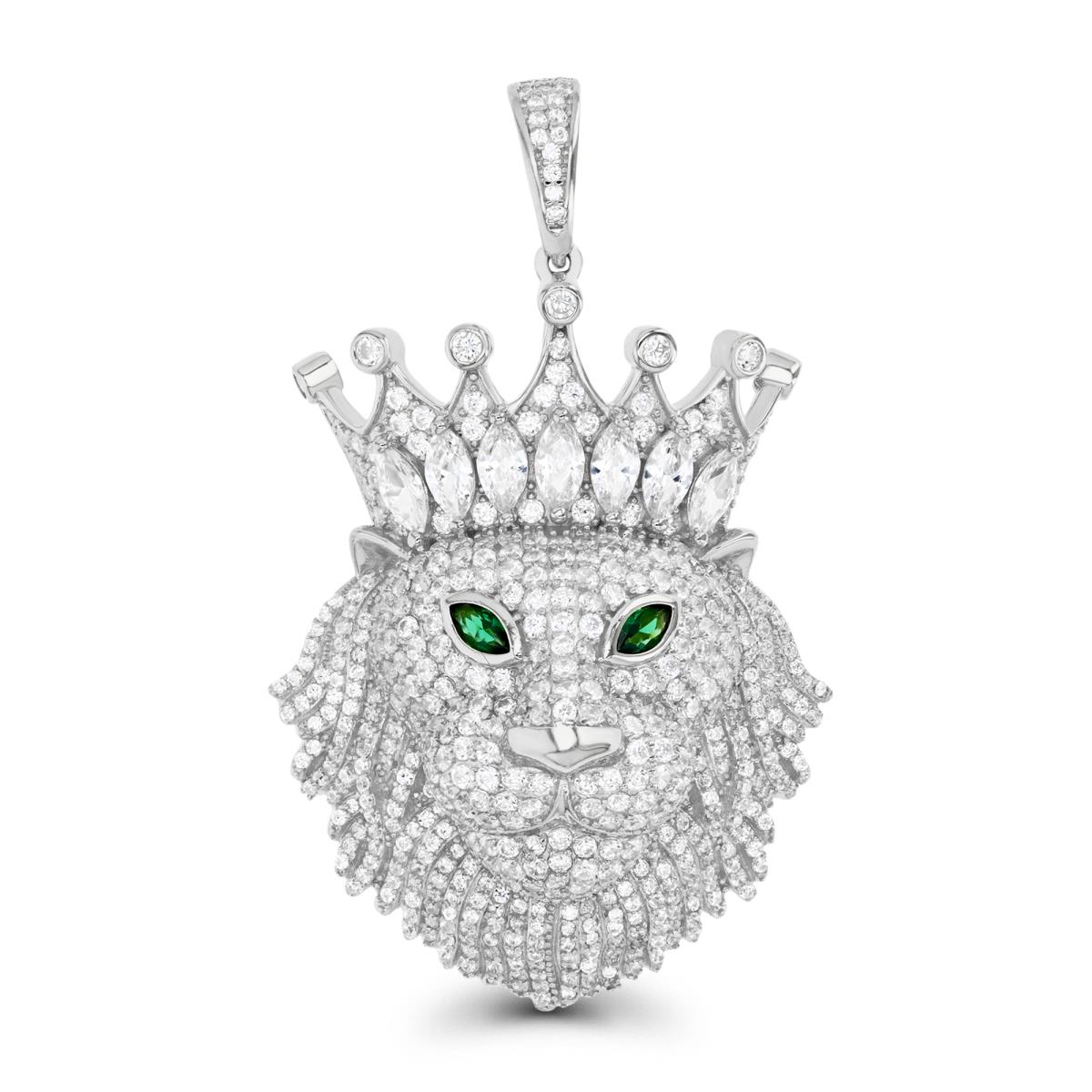 Sterling Silver Rhodium 48MM Emerald & White CZ Lion King Pendant