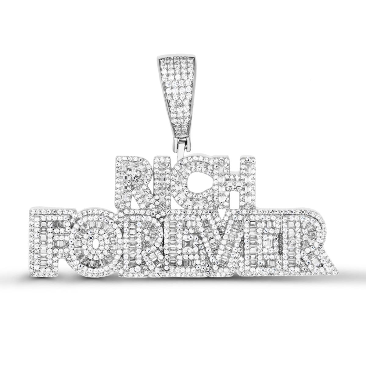 Sterling Silver Rhodium 25MM White CZ "Rich Forever" Pendant