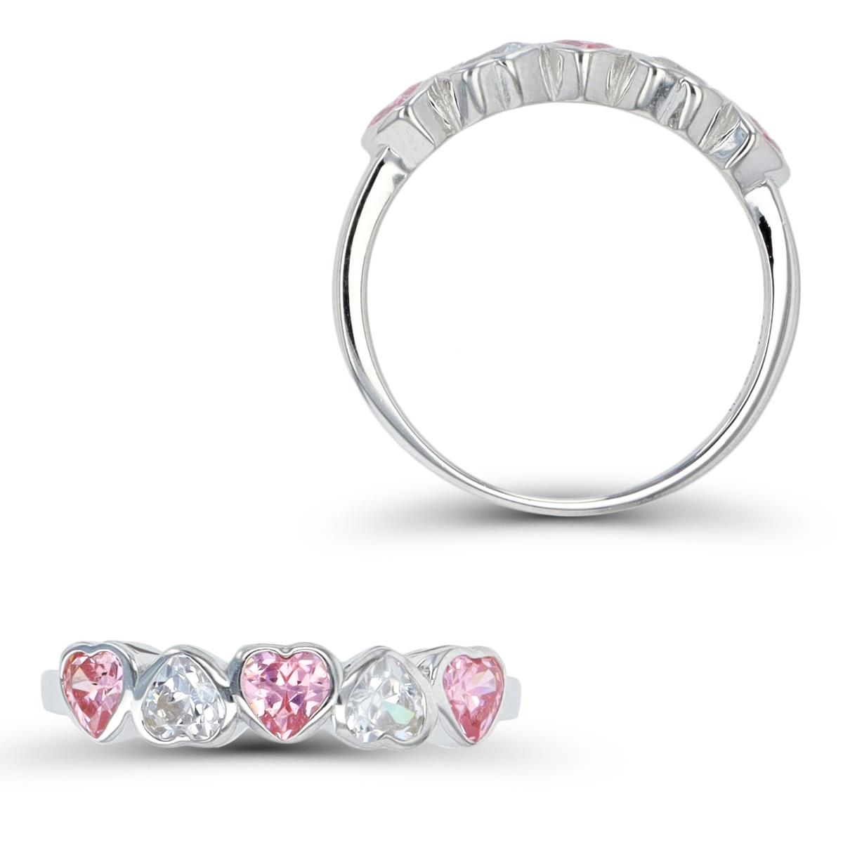 Sterling Silver Rhodium 4MM 5 Stone Bezel Pink & White CZ Heart Ring