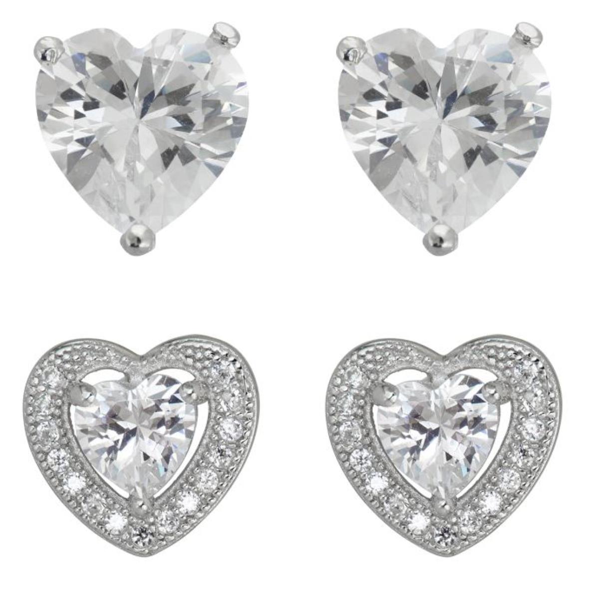 Sterling Silver Rhodium 6mm AAA Heart Solitaire and Heart Halo Stud Set