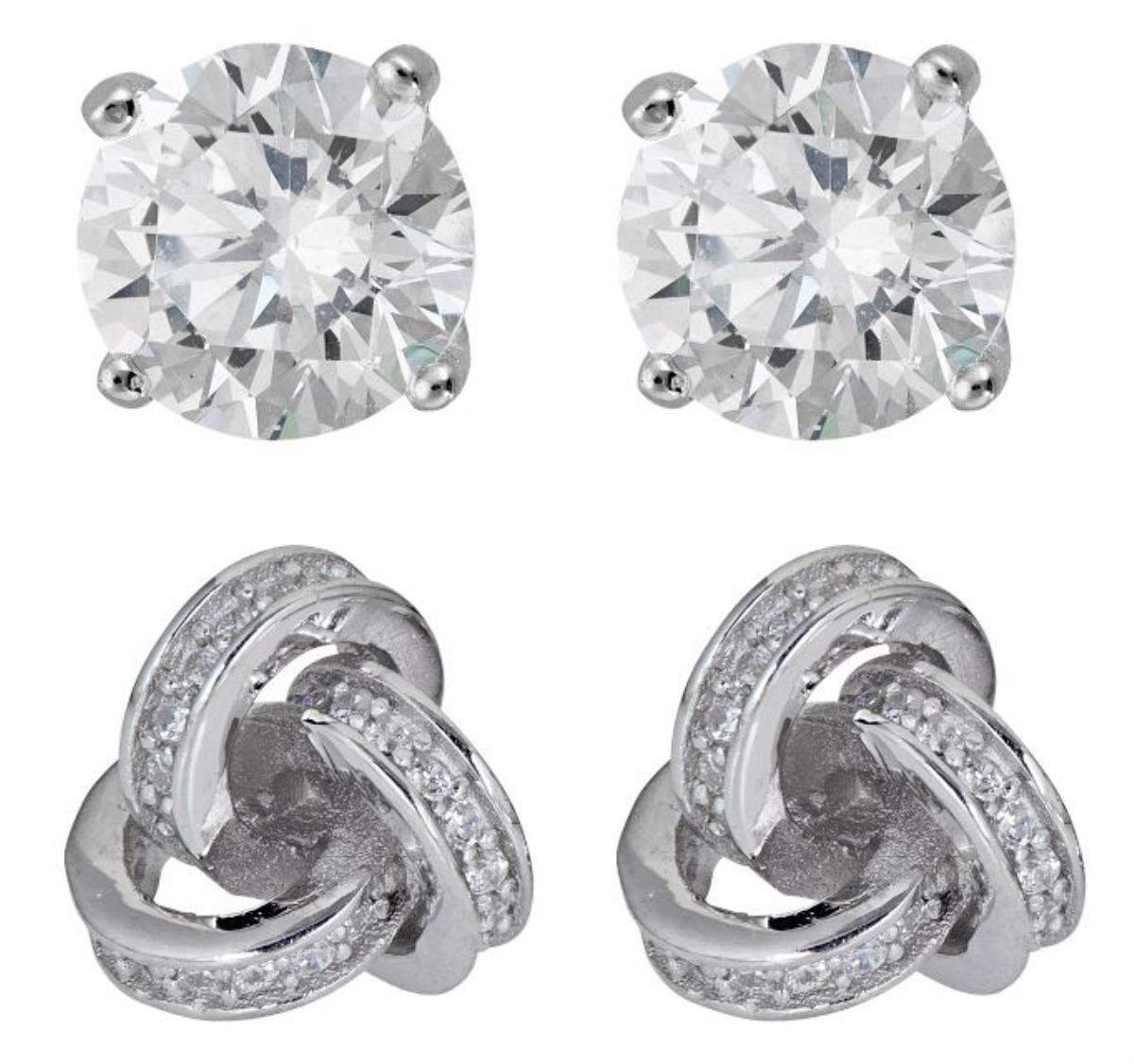 Sterling Silver Rhodium 9mm AAA Round Solitaire and Love Knot Stud Set