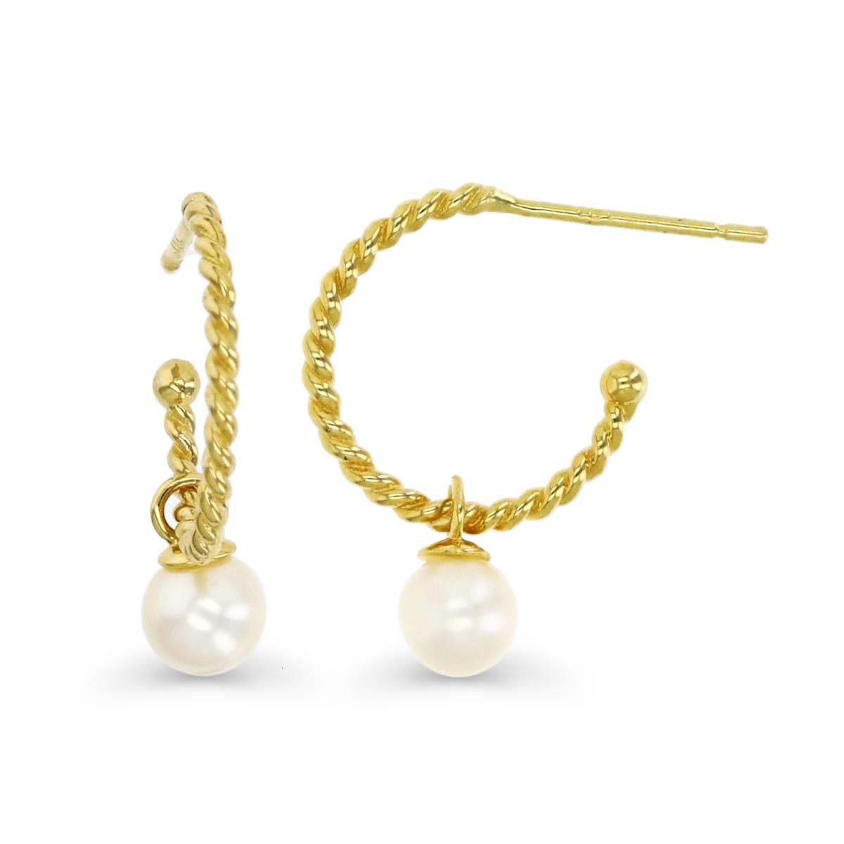 14K Gold Yellow & FW Pearl Twisted and Dangling Design Hoop Earring