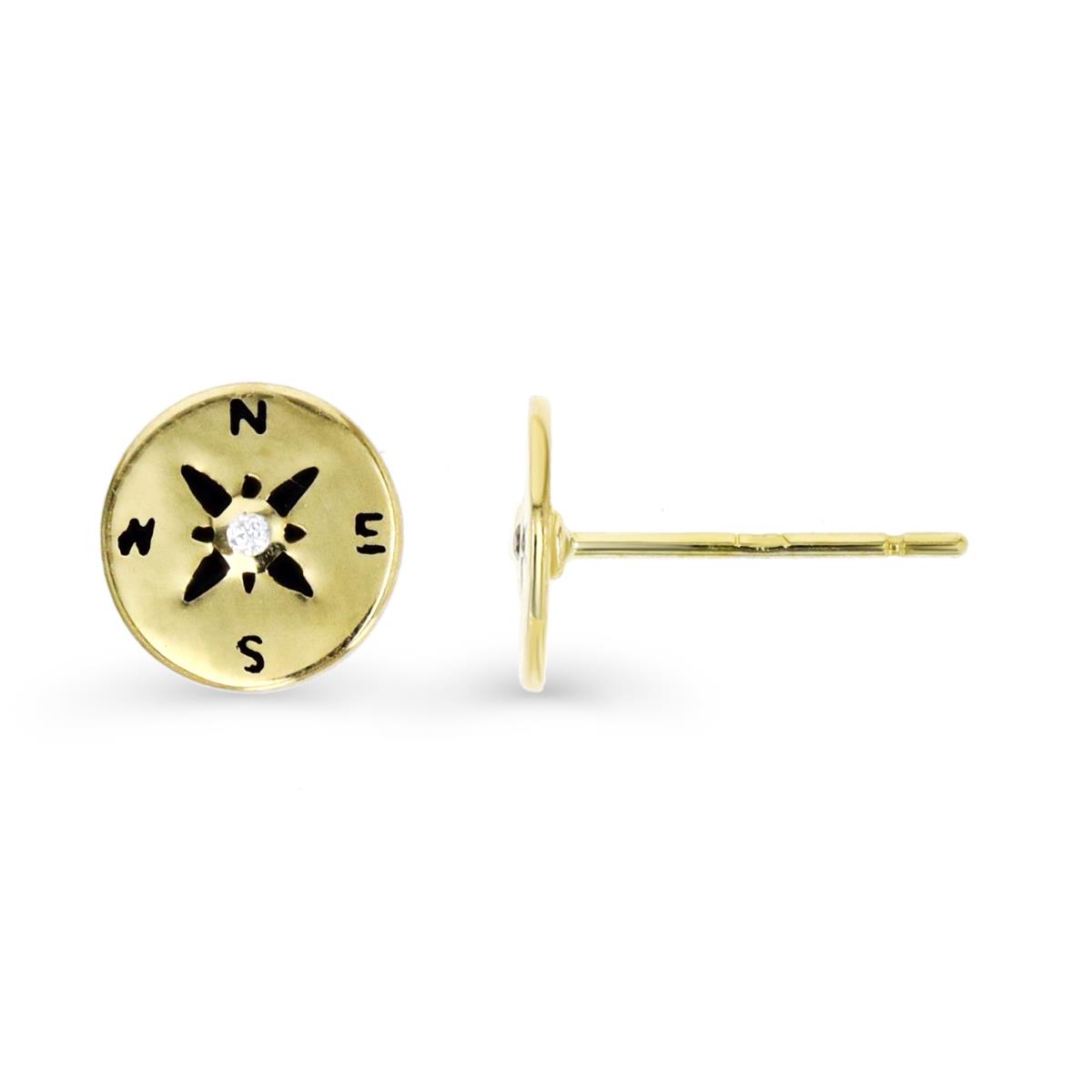 14K Gold Yellow & White CZ and Black Enamle Compass Stud Earring