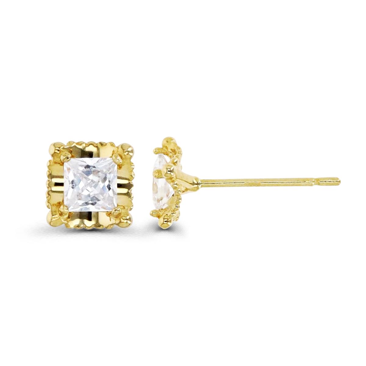 14K Gold Yellow & Princess Cut White CZ Diamond Crown Stud Earring