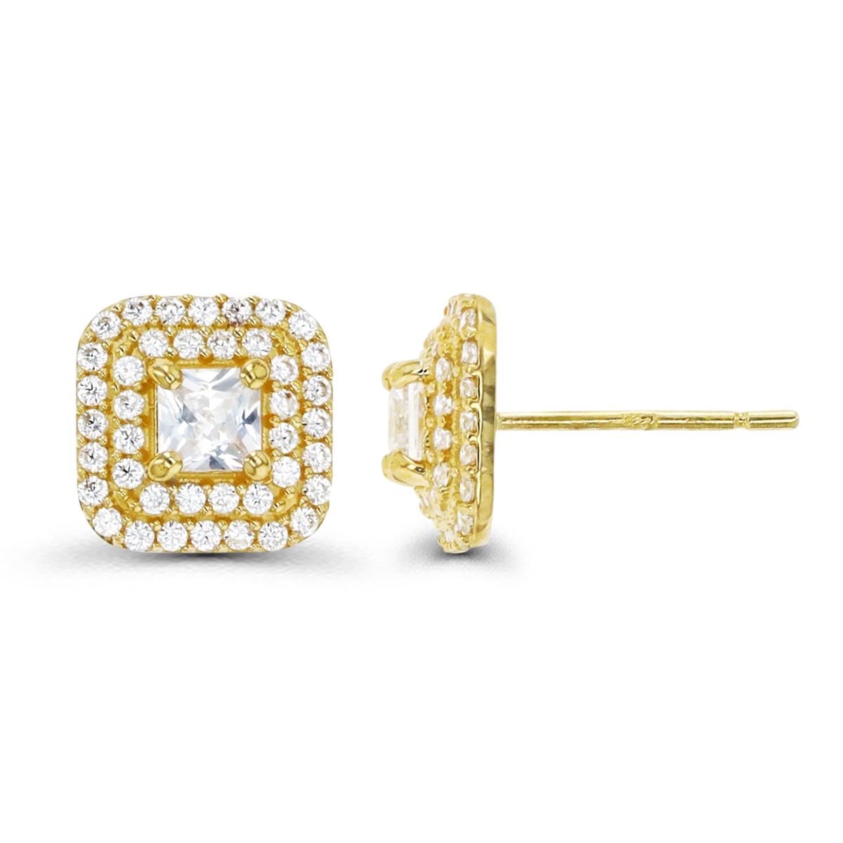 14K Gold Yellow & White CZ Square Cluster Stud Earring