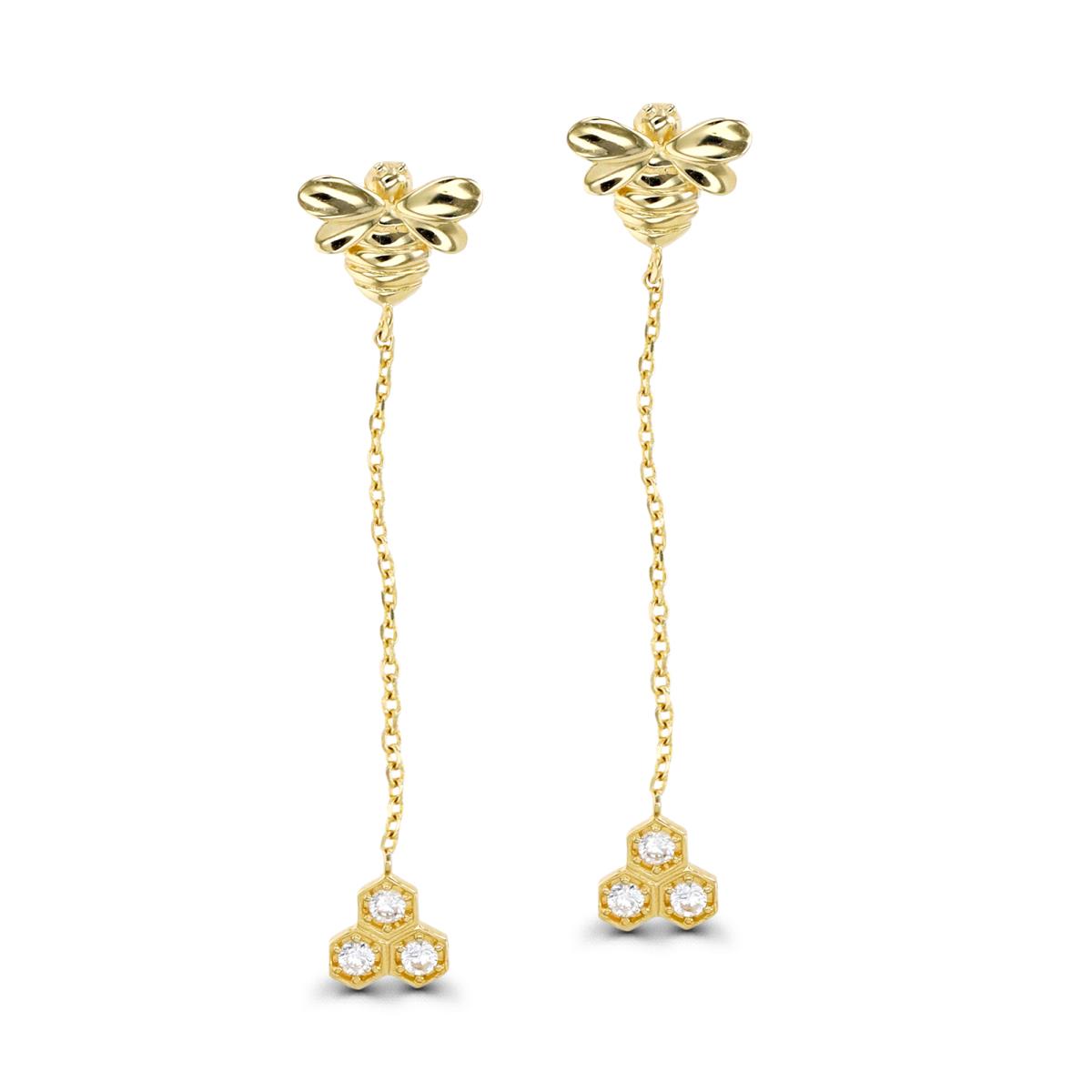 14K Gold Yellow & White CZ Bee and Honeycomb Double Piercing  Earring