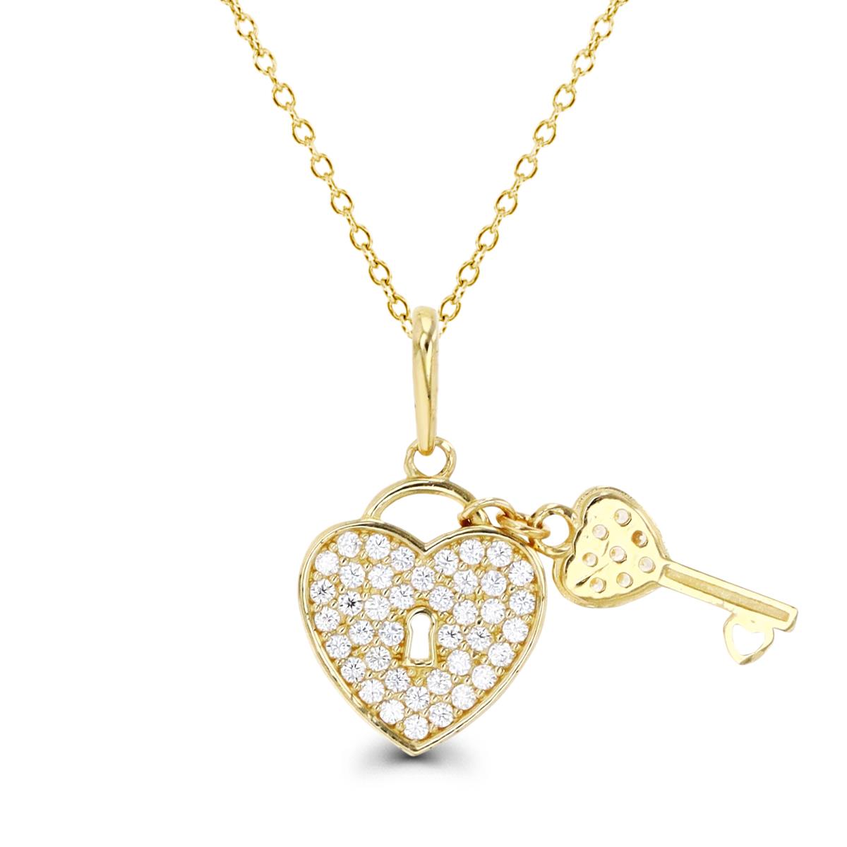 14K Gold Yellow & White CZ Heart Lock and Key 16+2" Necklace
