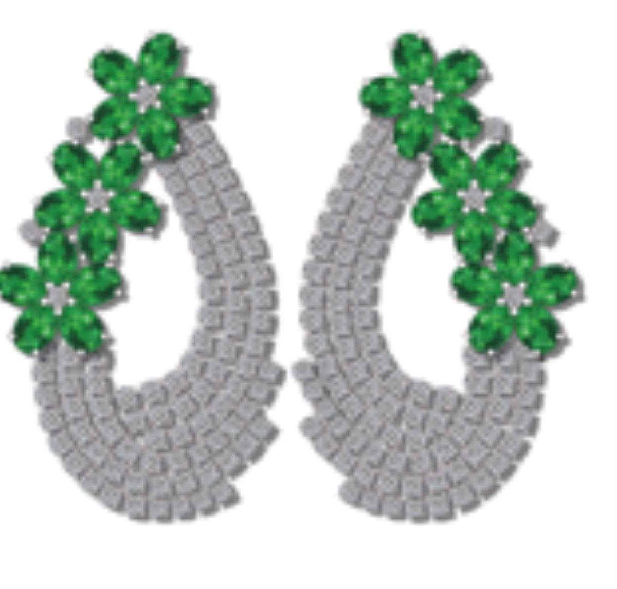 18K Gold White & 5.81 CTW Diamond and Emerald Oval Flower Earring