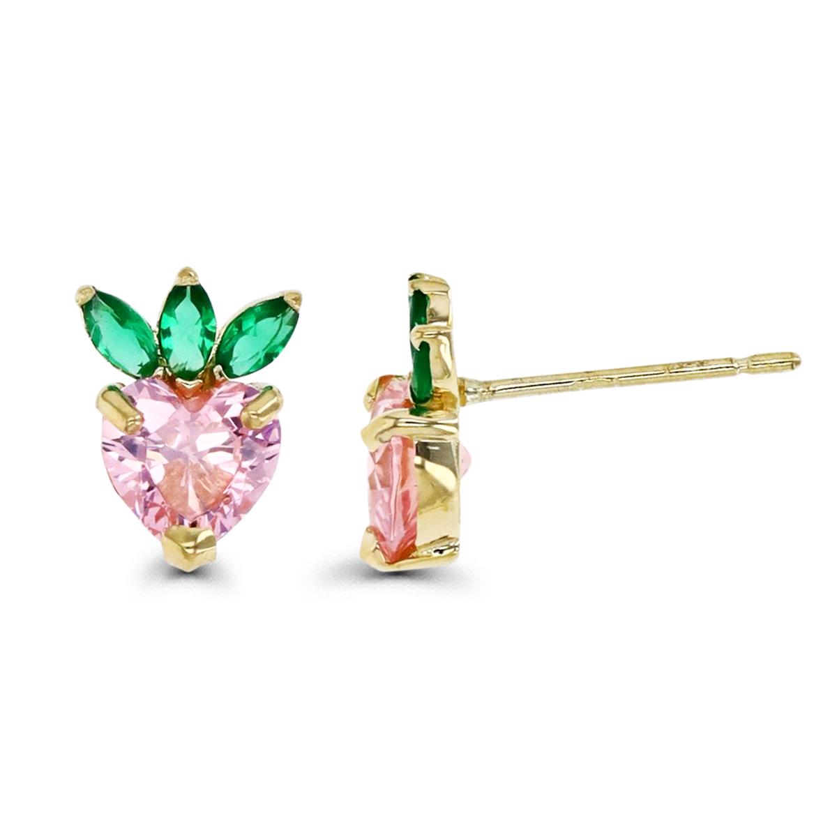 10K Gold Yellow & Pink and Emerald CZ Strawberry Stud Earring
