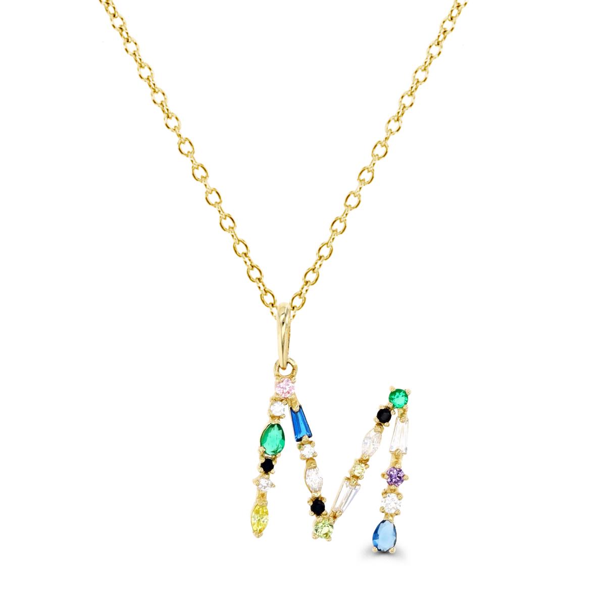 14K Gold Yellow & Multicolor CZ "M" Initial 16+2" Necklace