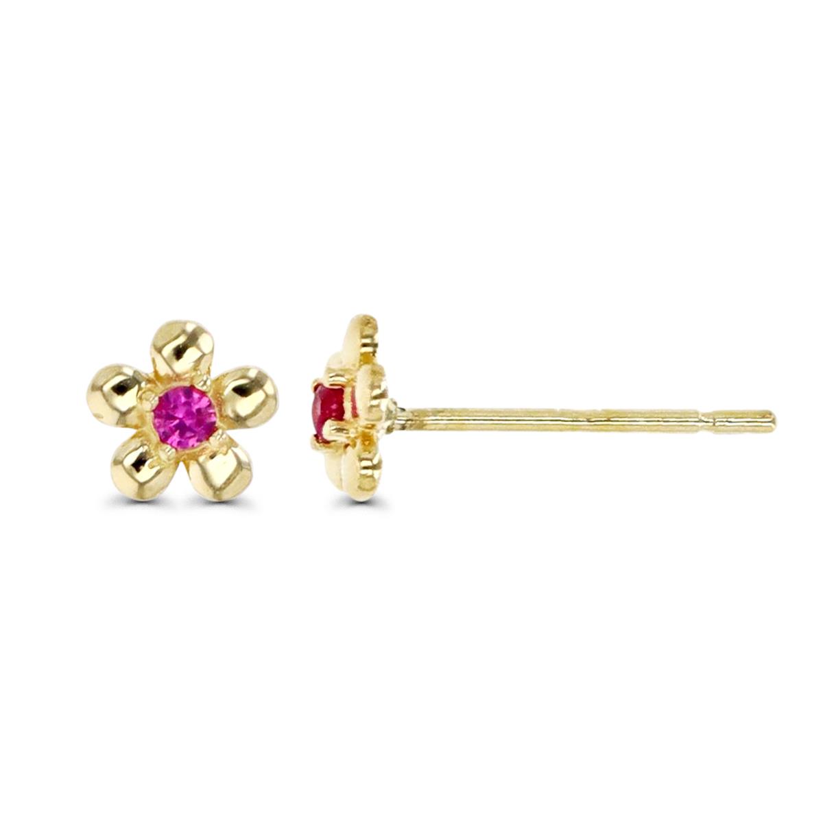 14K Gold Yellow & Ruby CZ 4MM Flower Stud Earring