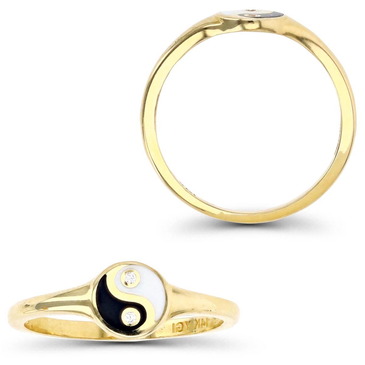 10K Gold Yellow & White CZ Black and White Enamel YinYang Ring 