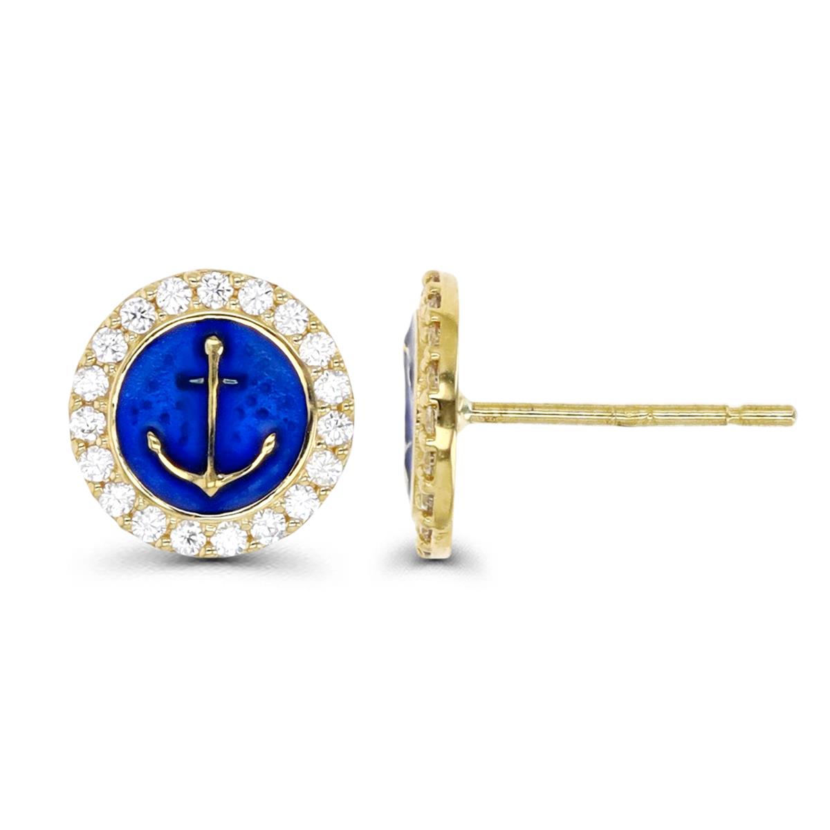 10K Gold Yellow & White CZ and Enamel Anchor Earring