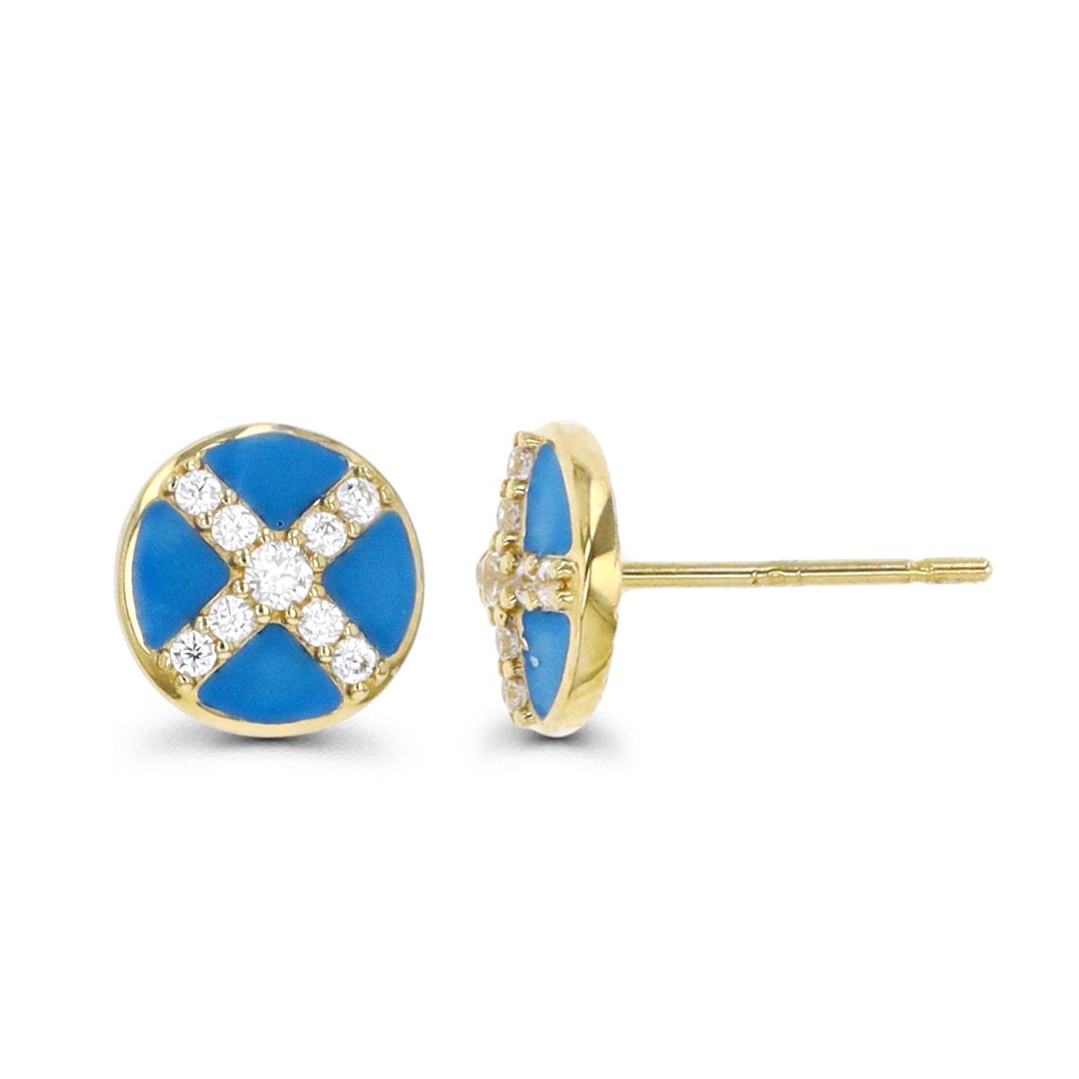 14K Gold Yellow & White CZ and Ligt Blue Enamel 7.0MM Stud Earring