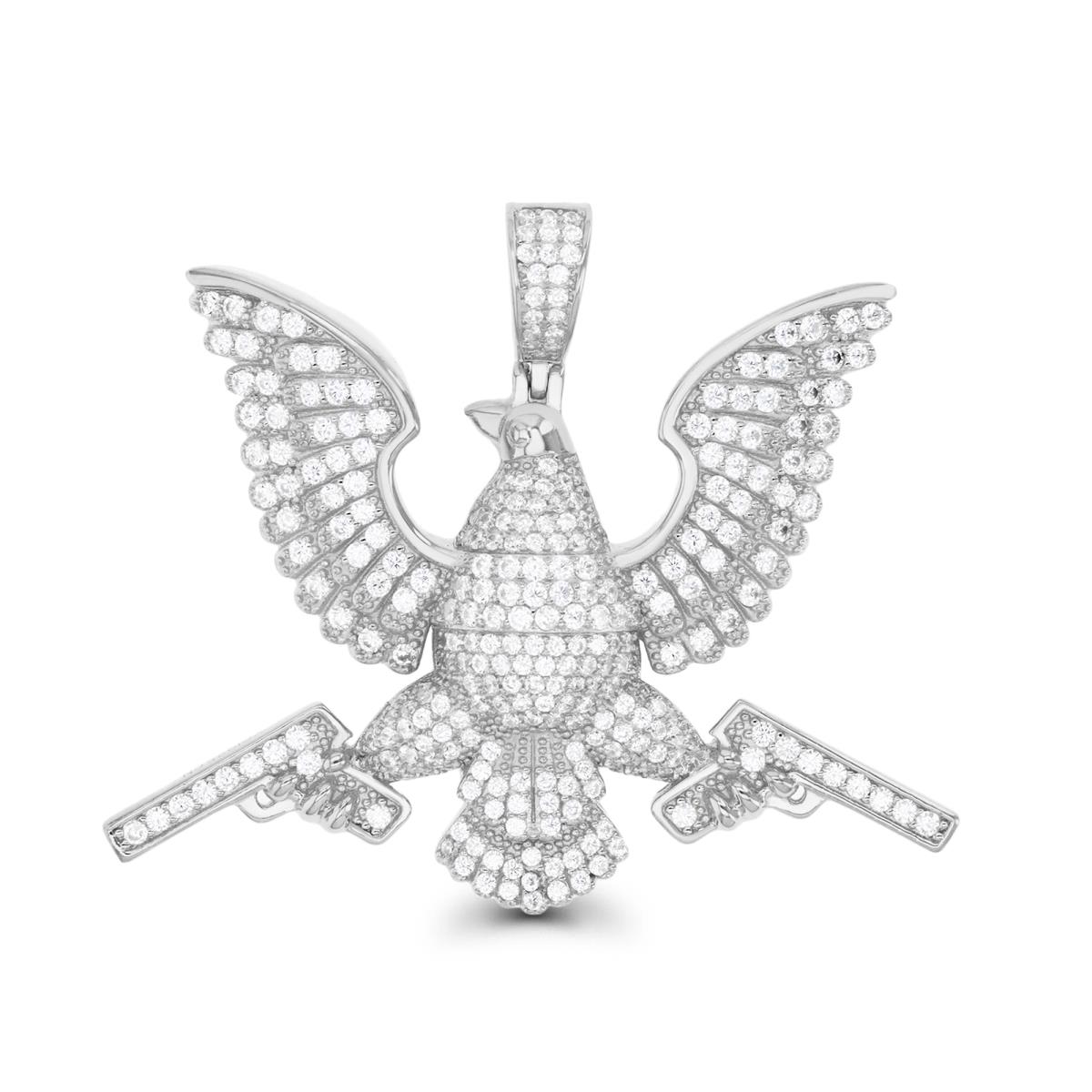 Sterling Silver Rhodium 39MM Eagle With Guns White CZ Pendant
