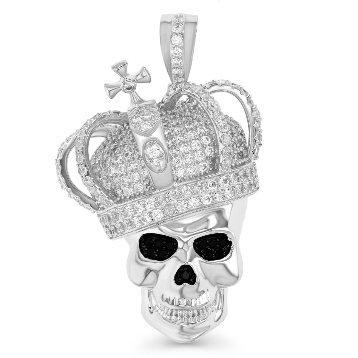 Sterling Silver White & Black 40MM White & Black CZ King Skull With Crown Pendant