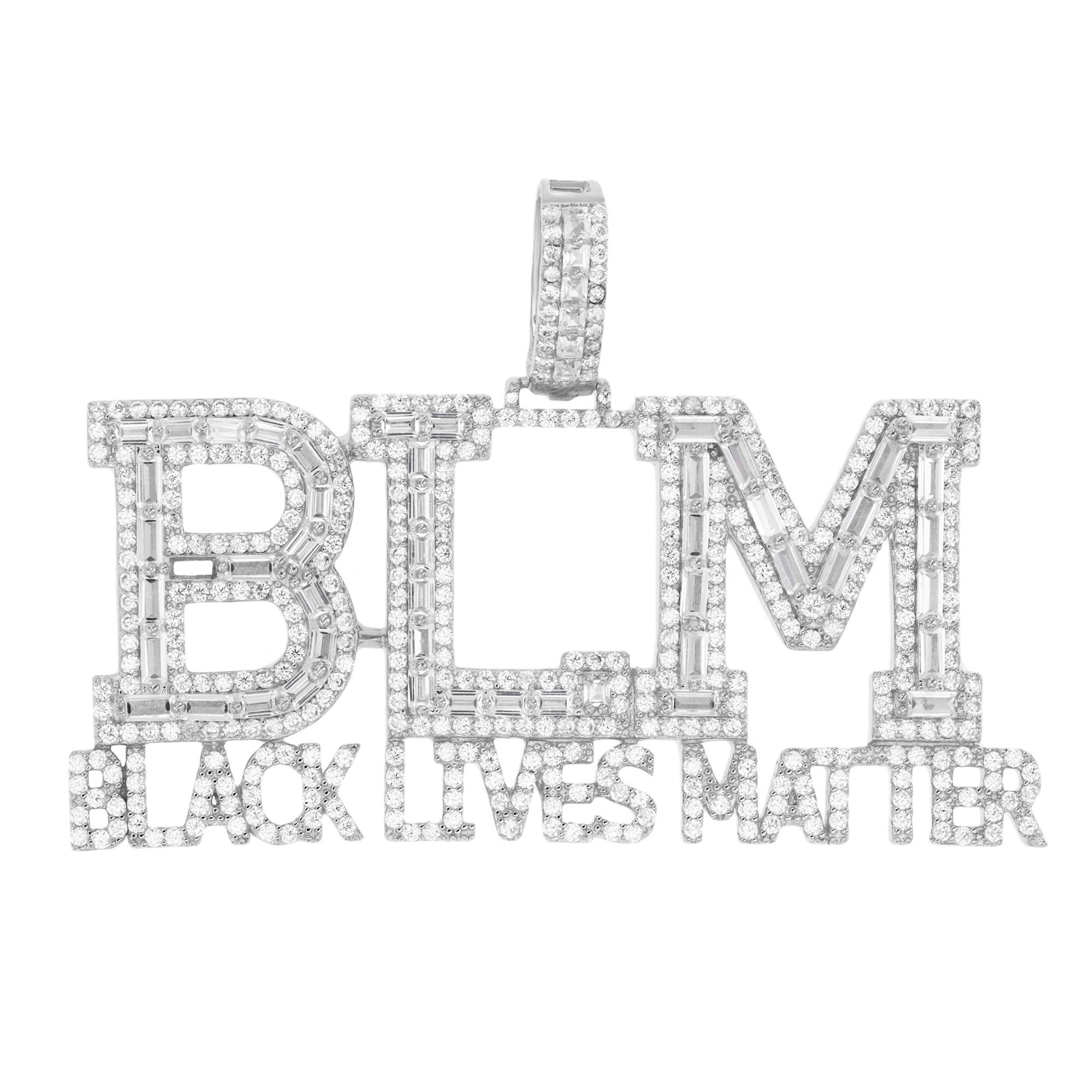 Sterling Silver Rhodium 35MM "BLM" White CZ Pendant