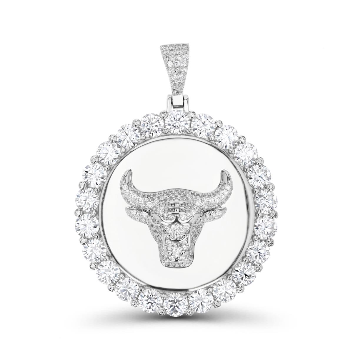 Sterling Silver Rhodium 42MM Polished  Bull Head Halo White CZ Round  Pendant